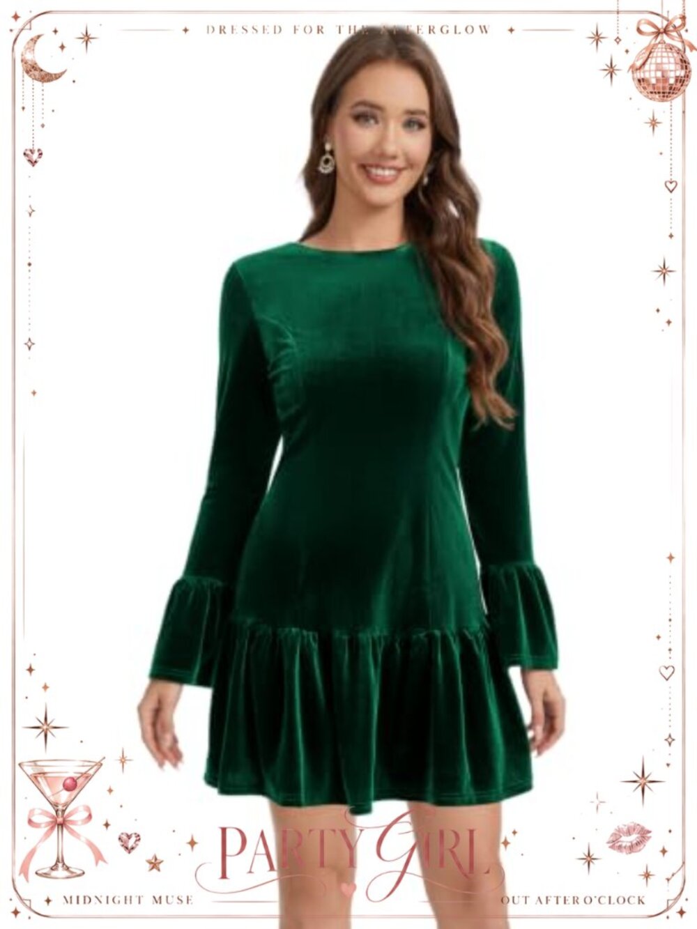 Velvet Fit and Flare Mini Dress Crew Neck Bell Sleeve Ruffle Hem Cocktail Party